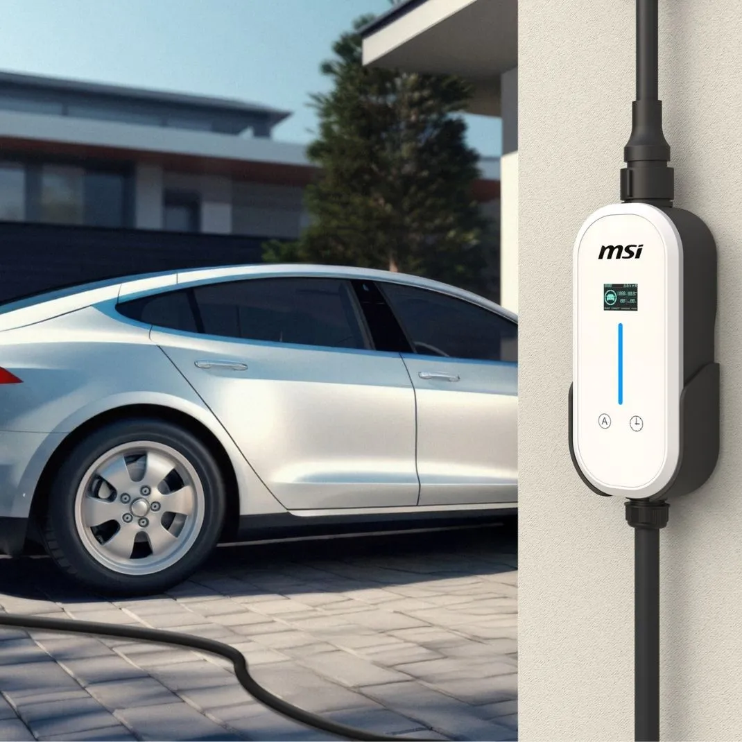 EZgo branché et monté sur un mur de garage pour charger un VE